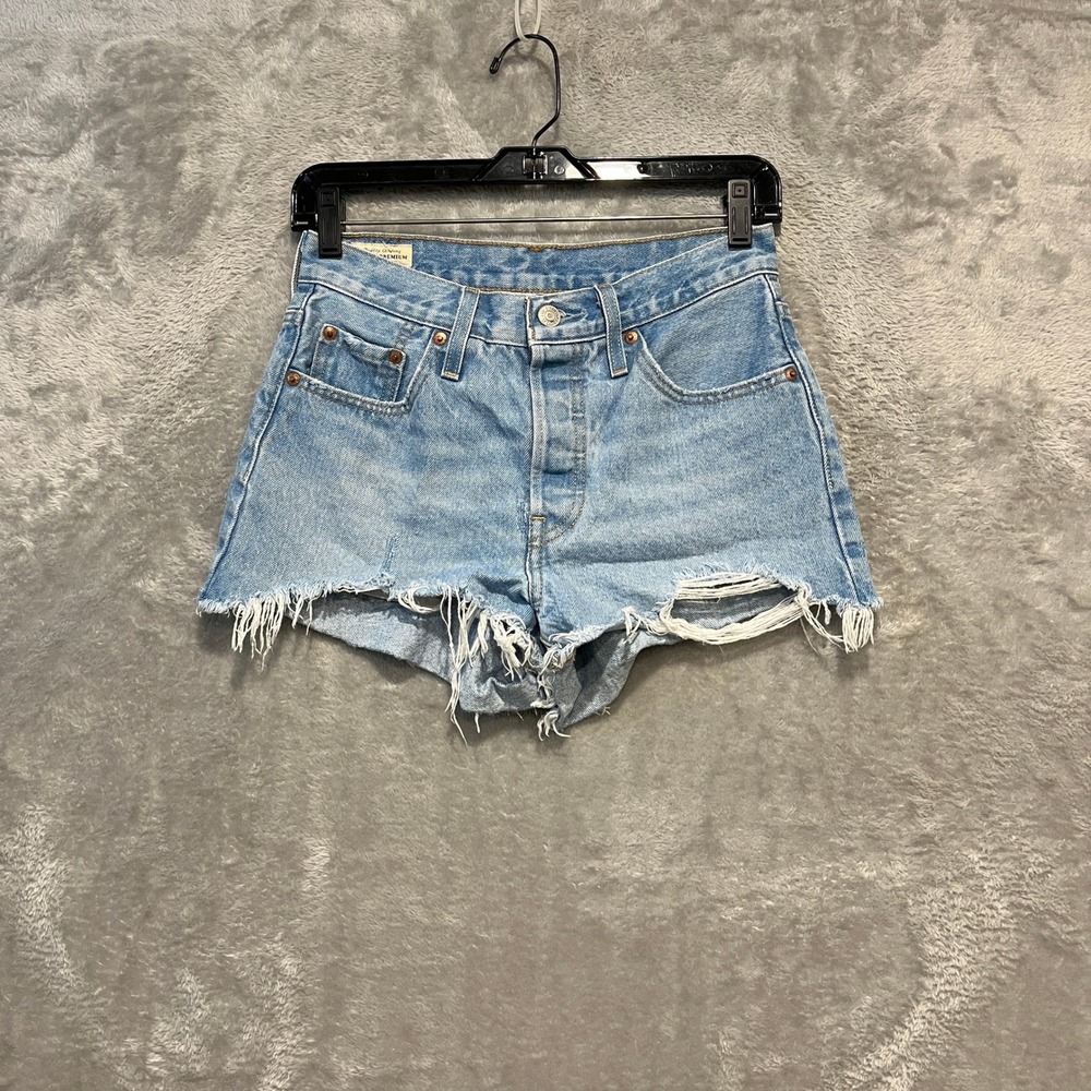 Levi's 501 Original Shorts Womens 25 Blue Denim High Waisted Distressed Cut Off - Picture 1 of 11